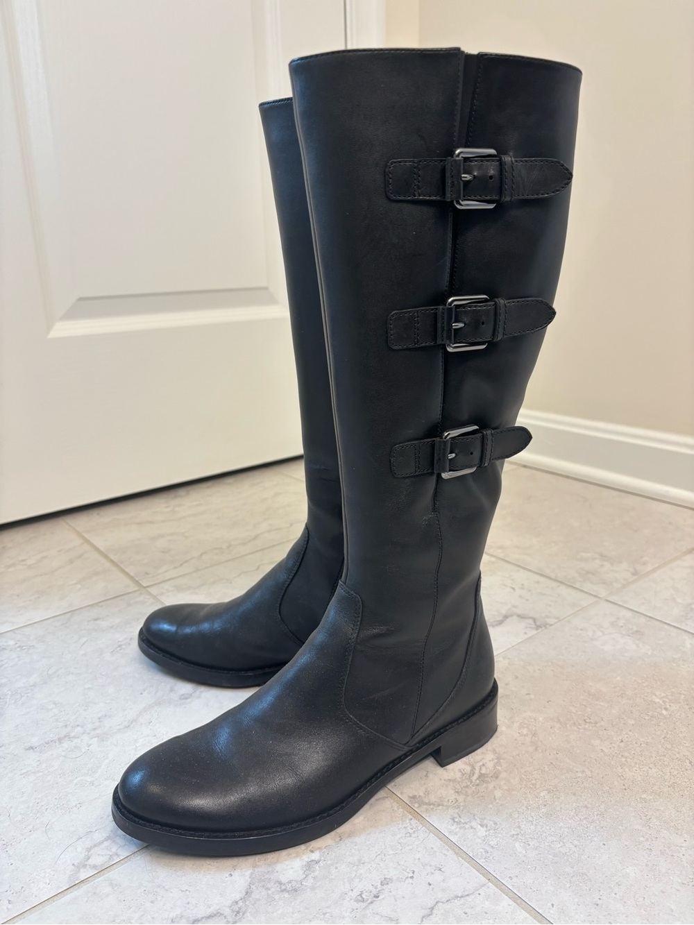 ECCO Black Leather Knee-High Hobart Riding Boots with Buckles, Size 38, NWOT